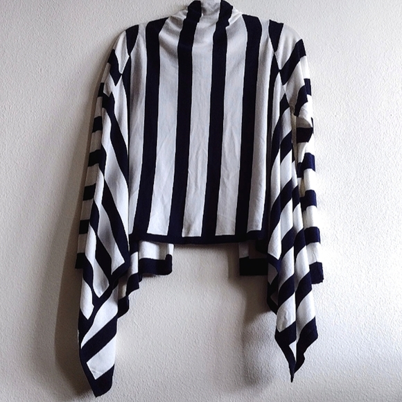 Navy Blue Striped Open Front Waterfall Cardigan Medium Coastal Grandma Fisherman - Picture 7 of 9